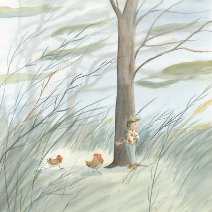 Peinture la fillette et les deux poulettes par Marjoline Fleur | Tableau Figuratif Aquarelle Animaux, Enfant, Nature