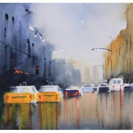 Peinture yellow cabs par Min Jan | Tableau Figuratif Aquarelle Urbain
