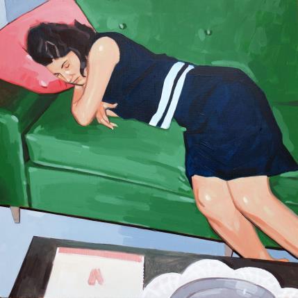 Peinture Napping on the green sofa par ZIM | Tableau Figuratif Acrylique Portraits, Scènes de vie, Société