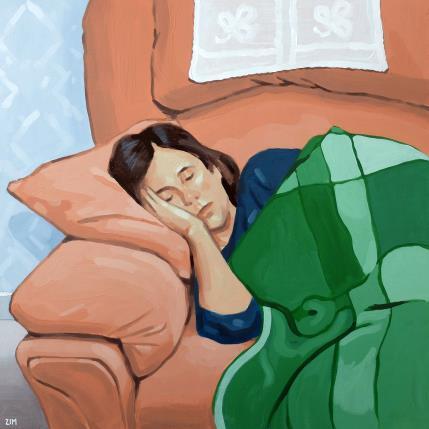 Peinture The green blanket par ZIM | Tableau Figuratif Acrylique Portraits, Scènes de vie, Société