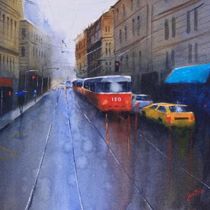 Peinture The red bus Prague par Min Jan | Tableau Figuratif Aquarelle Urbain