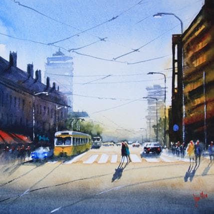 Peinture City walk par Min Jan | Tableau Figuratif Aquarelle Urbain