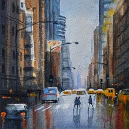 Pintura New York ,yellow cabs por Min Jan | Pintura Figurative Watercolor Urban