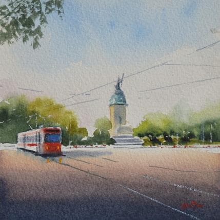 Peinture Red tram par Min Jan | Tableau Figuratif Aquarelle Urbain