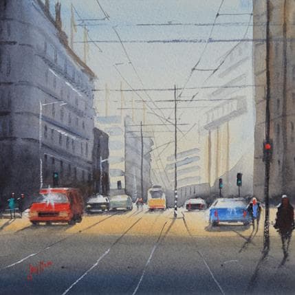 Peinture Offices are opening par Min Jan | Tableau Figuratif Aquarelle Urbain