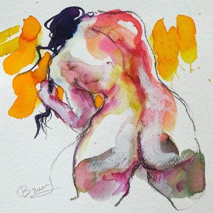 Peinture Méline mains aux cheveux par Brunel Sébastien | Tableau Figuratif Aquarelle Nu