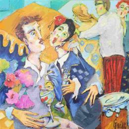 Peinture Soirée cocktail au Blue Lagon par Garilli Nicole | Tableau Figuratif Acrylique Scènes de vie