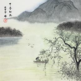 Gemälde Première pèche à l'aube von Amblard Rui | Gemälde Figurativ Aquarell Landschaften, Marine, Natur