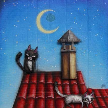 Peinture Deux chats sur un toit par Mouis Cathy | Tableau Illustration Technique mixte animaux