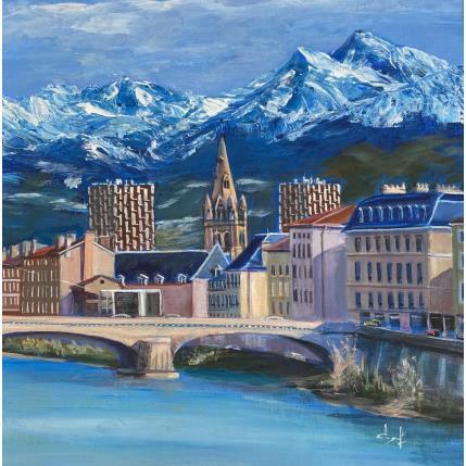 Peinture Grenoble entre Rivière et Montagne par Degabriel Véronique | Tableau Réalisme Huile Paysages, Urbain