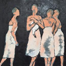 Painting Le foulard la nuit by Malfreyt Corinne | Painting Figurative Oil Black & White, Life style, Nude