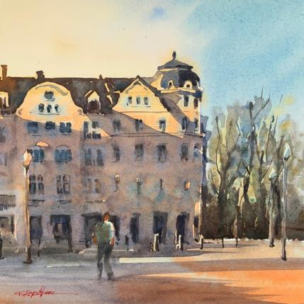 Peinture Promenade sur la place par Seruch Capouillez Isabelle | Tableau Figuratif Aquarelle Urbain