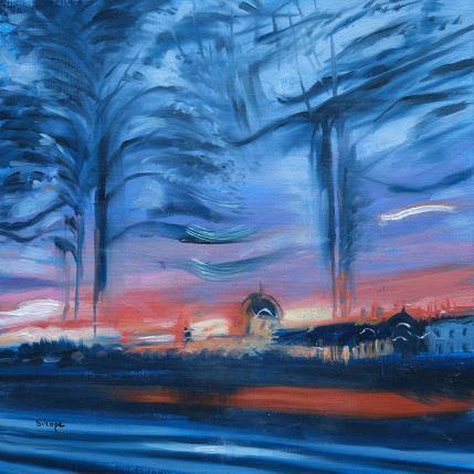 Peinture Hôtel Dieu vue de nuit - Lyon par Sirope Rémy | Tableau Figuratif Huile Architecture, Urbain