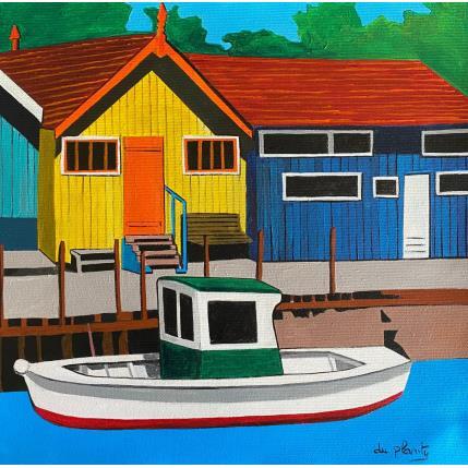 Peinture Une cabane Jaune et son bateau par Du Planty Anne | Tableau Figuratif Acrylique Marine, Urbain