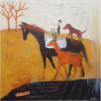 Peinture Tous amis  par Colin Sylvie | Tableau Art Singulier Acrylique, Collage, Pastel Animaux