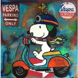Gemälde Snoopy dolce vita von Kikayou | Gemälde Pop-Art Acryl, Collage, Graffiti, Posca Pop-Ikonen