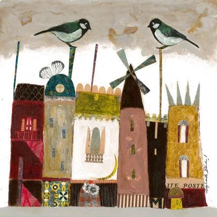 Peinture Des cheminées et des oiseaux par Penaud Raphaëlle | Tableau Illustration Technique mixte animaux