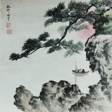 Peinture Boat, pine tree and rising sun par Du Mingxuan | Tableau Figuratif Aquarelle Paysages