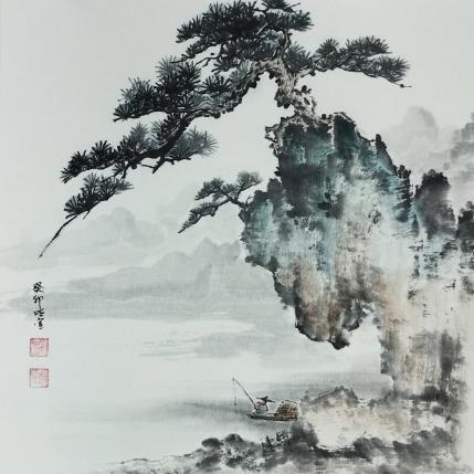 Painting Pine tree on cliff by Du Mingxuan | Painting Figurative Watercolor Landscapes