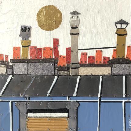 Peinture Cheminées Parisiennes par Lovisa | Tableau Figuratif Acrylique, Collage, Feuille d'or, Posca, Upcycling Urbain