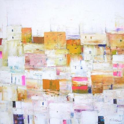 Peinture Village en jaune et rose par Fièvre Véronique | Tableau Figuratif Acrylique Paysages