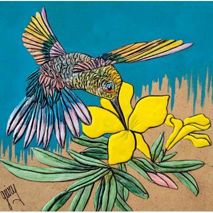 Peinture COLIBRI ARC EN CIEL par Geiry | Tableau Matiérisme Acrylique, Bois, Feuille d'argent, Pigments, Poudre de marbre Animaux, Nature