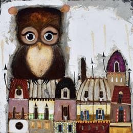 Painting Deux hiboux sur un toit by Penaud Raphaëlle | Painting Naive art Acrylic Animals