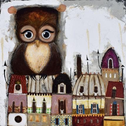 Peinture Deux hiboux sur un toit par Penaud Raphaëlle | Tableau Art naïf Acrylique animaux