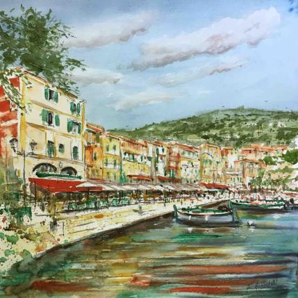 Peinture Les terrasses du port par Hoffmann Elisabeth | Tableau Figuratif Aquarelle Marine