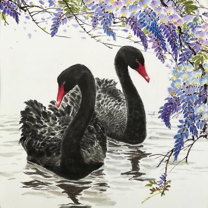 Peinture Cygnes noirs par Tayun | Tableau Figuratif Aquarelle, Encre animaux
