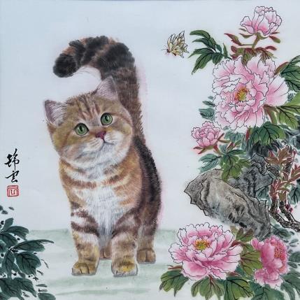 Peinture Chatte et pivoines par Tayun | Tableau Figuratif Aquarelle Animaux, Nature