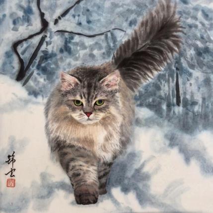 Peinture Chat et neige par Tayun | Tableau Figuratif Animaux