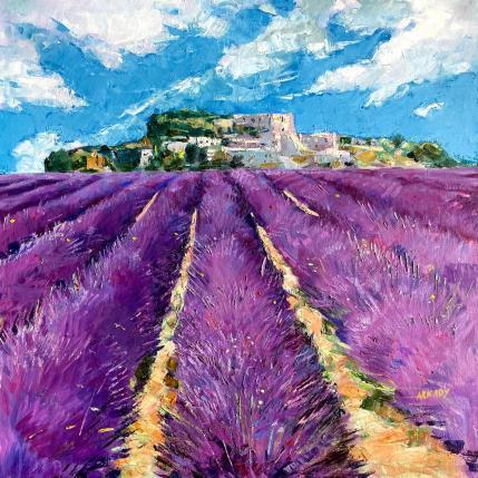 Peinture Champ de lavande au pied du village par Arkady | Tableau Figuratif Huile Paysages