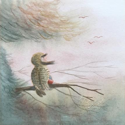 Peinture Chouette Lisette par Marjoline Fleur | Tableau Art naïf Aquarelle Animaux, Enfant, Nature