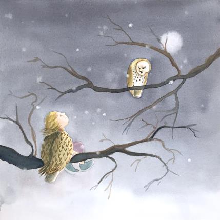 Peinture Lou et la chouette par Marjoline Fleur | Tableau Art naïf Aquarelle Animaux, Enfant, Nature