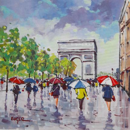 Peinture CHAMPS ELYSEES SOUS LA PLUIE par Euger | Tableau Figuratif Acrylique Scènes de vie, Urbain