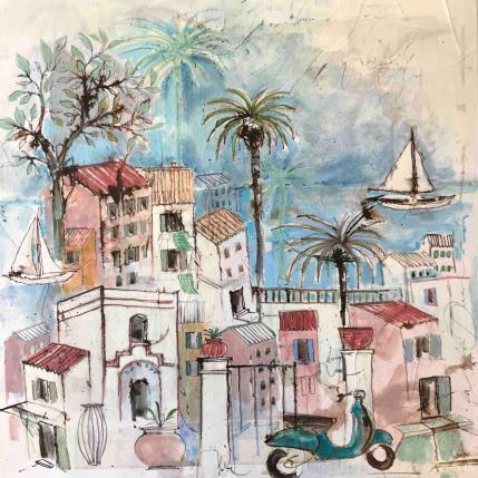 Peinture Balade en Vespa par Colombo Cécile | Tableau Art naïf Acrylique, Pastel Paysages