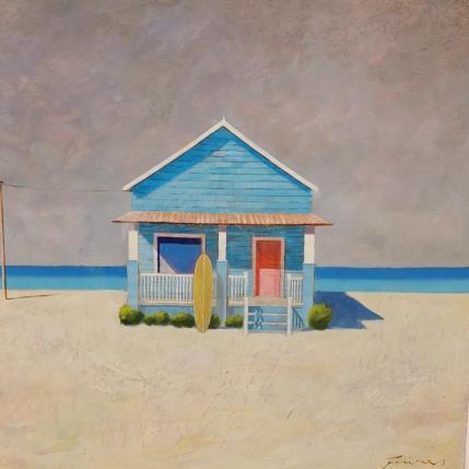 Peinture La maison bleue sur la plage par Foucras François | Tableau Figuratif Acrylique, Huile