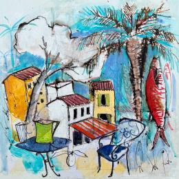 Painting L' heure de l'apéro by Colombo Cécile | Painting Figurative Acrylic, Gluing, Ink, Pastel, Watercolor, Wood Landscapes, Portrait