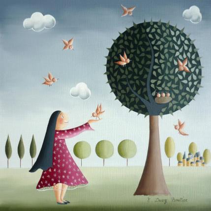 Peinture L'amie des oiseaux par Davy Bouttier Elisabeth | Tableau Art naïf Huile Nature