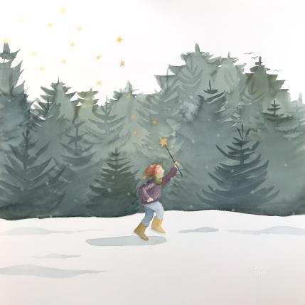 Peinture Lutin des sapins par Marjoline Fleur | Tableau Art naïf Aquarelle Enfant, Nature, Paysages