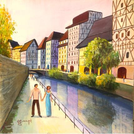 Peinture AP85 ALSACE PROMENADE SUR LES QUAIS par Burgi Roger | Tableau Figuratif Acrylique Architecture, scènes de vie, Urbain