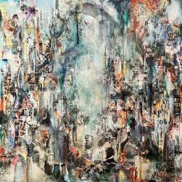 Peinture LA VILLE UTOPIQUE par Bergeron Marie-Josée | Tableau Surréalisme Acrylique, Collage, Huile