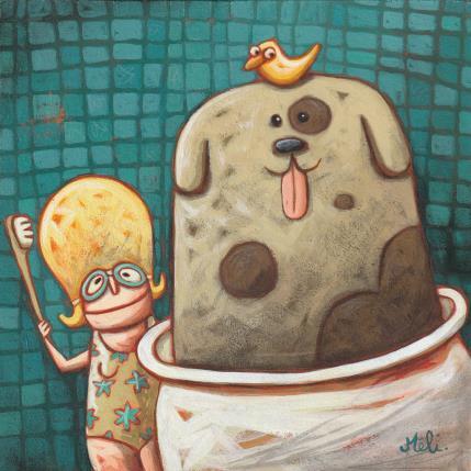 Peinture Chien mouillé par Catoni Melina | Tableau Art naïf Acrylique, Carton Animaux, Scènes de vie