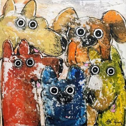 Peinture 5 Dogs par Maury Hervé | Tableau Art Singulier Acrylique, Encre Animaux