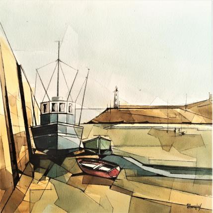 Peinture Marée basse dans le port par Langlois Jean-Luc | Tableau Figuratif Aquarelle Marine