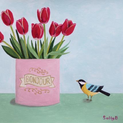 Peinture Bonjour tulipes et oiseau par Sally B | Tableau Art naïf Acrylique Animaux