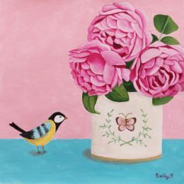 Peinture Oiseau et pivoines par Sally B | Tableau Art naïf Acrylique Animaux