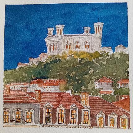 Peinture Notre Dame de Fourviere à Noel par De León Lévi Marcelo | Tableau Figuratif Aquarelle Urbain