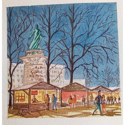 Peinture Marché de Noël à Lyon  par De León Lévi Marcelo | Tableau Figuratif Aquarelle Urbain